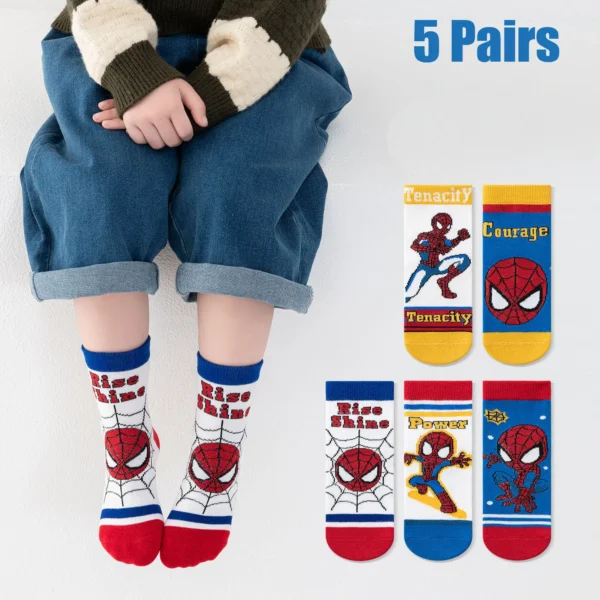 5 Pairs Marvel Spiderman Boy's Socks Cartoon Children Socks Spring Autumn Middle Tube Sock Cotton Cute Kids Socks Size 1-8 Years - Image 1
