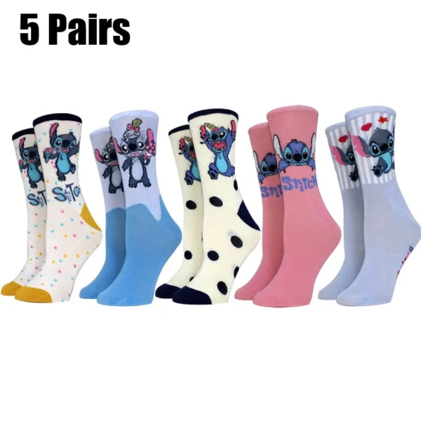 5 Pairs New Casual Cartoon Women Socks Middle Tube Stitch Socks Happy Funny Super Cute Girl Socks Autumn Winter Scoks for Women - Image 1