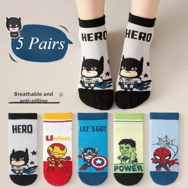 5 Pairs Spiderman Cotton Children's Socks iron Man Hulk Thor Anime kids Boys Short Socks Cartoon Baby Spring Summer Short Socks - Image 1