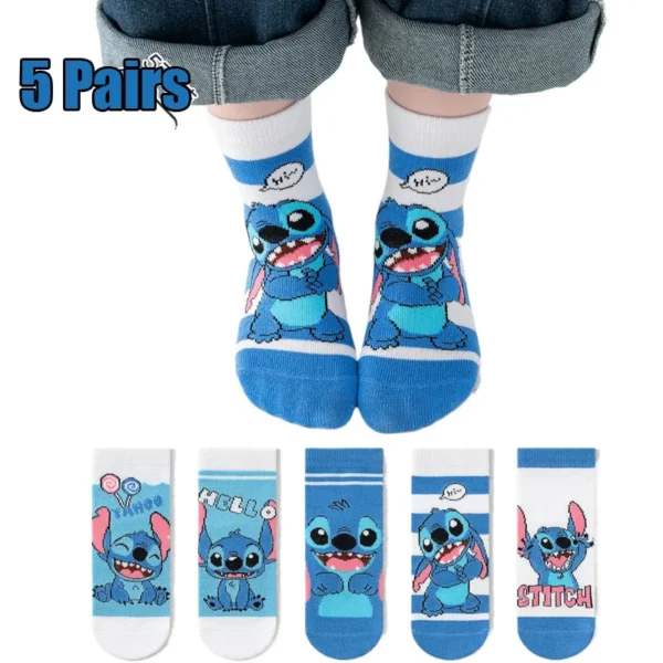 5 Pairs Spring Autumn Cartoon Stitch Children Socks Boy's Socks Middle Tube sock Cotton Cute Kids Socks Girl Sock Size 1-8 Years - Image 1
