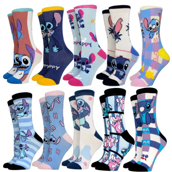 5 Pairs Women Socks Cotton Comfortable Cartoon Stitch Anime Socks Crew Socks Casual Cute Girl Sock Happy Funny Socks Size 35-40 - Image 1