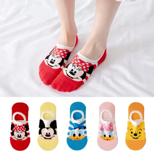 5 pairs Cotton woman sock Mickey Minnie Winnie Daisy Cartoon girl slipper sock Funny Cute Non-slip silicone invisible ankle sock - Image 1