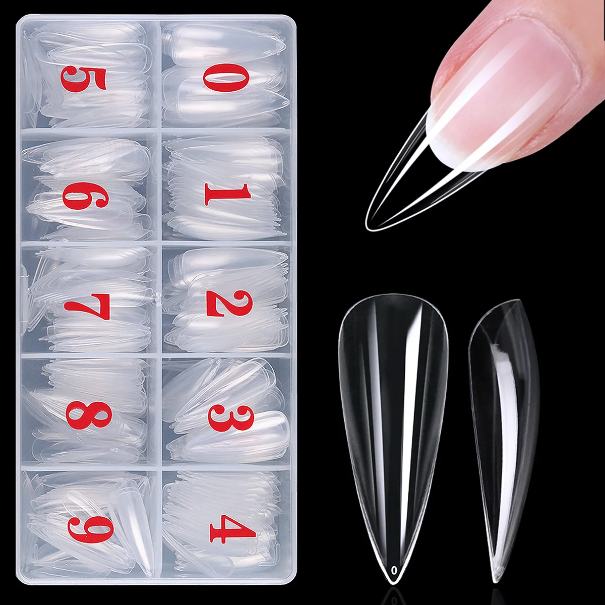 500pcs/box Stiletto Nail Tips Transparent False Press On Acrylic Nails Mixed Size Fake Nails DIY Manicure Extension Tools 500pcs/box Stiletto Nail Tips Transparent False Press On Acrylic Nails Mixed Size Fake Nails DIY Manicure Extension Tools - Image 1