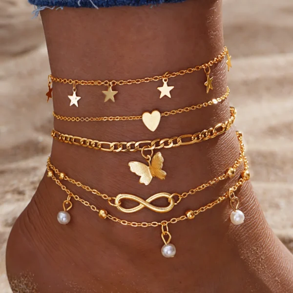 5Pcs Retro Multilayer Tassel Anklet Set for Women Bohemia Vintage Pearl Butterfly Star Heart Pendant Foot Bracelet Beach Jewelry - Image 1
