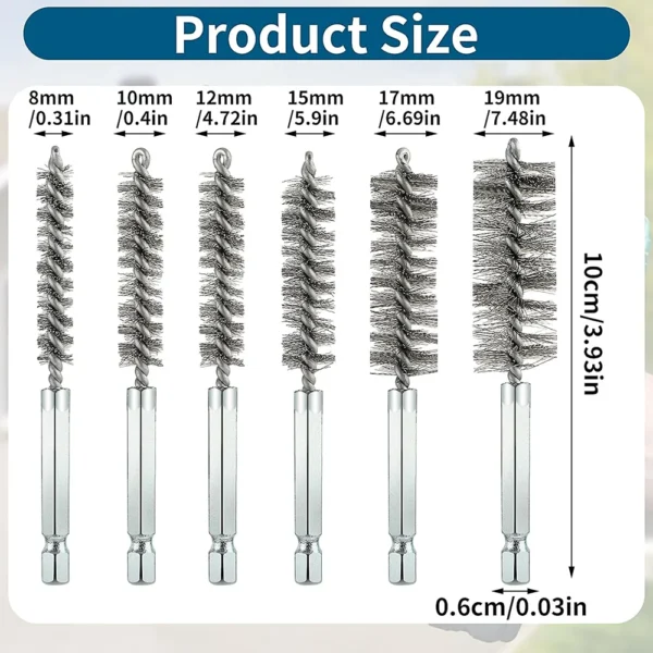6 Pcs Stainless Steel Pipe Cleaning Brush Set 1/4" Hexagonal Bar Twisted Wire Hole Brush Cleaning Brush Bristle Wire Brush Hole - Image 1
