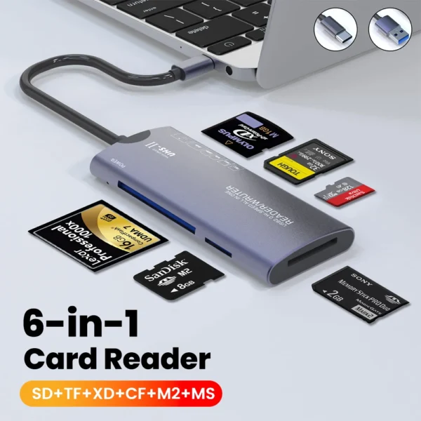 6-in-1 USB/Type-C Card Reader - 480Mbps for SD/TF/XD/CF/M2/MS, LED Light, Durable Cable, Intelligent Chip 6-in-1 USB/Type-C Card Reader - 480Mbps for SD/TF/XD/CF/M2/MS, LED Light, Durable Cable, Intelligent Chip - Image 1