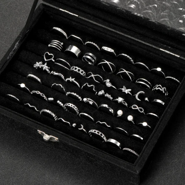 60Pcs/Set Fashion Imitation-Pearl Heart Butterfly Ring Set Woman‘s Silver Color Geometric Hollow Crytasl Ring Daily Wear Jewelry - Image 1