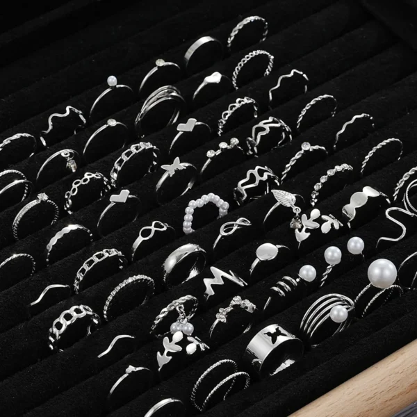 64 Pcs Silver Color Geometric Knuckle Rings Set For Women Heart Cross Leaf Pearl Charm Finger Ring Female Boho Party Jewelry - Image 1
