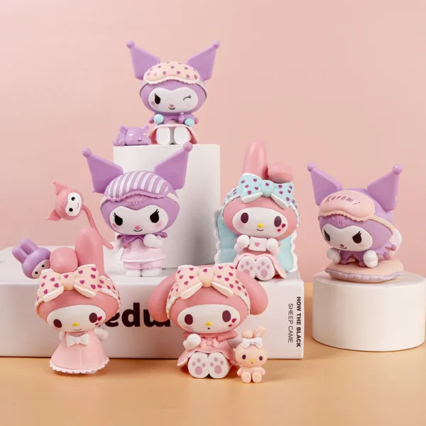 6Pcs-Set Sanrio Anime Figure Pajamas Sweetheart Kawaii Kuromi My Melody Doll action Cute Decoration Toys For children Gift - Image 1
