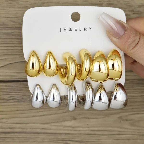 6pcs Chunky Gold Plated Waterdrop Hoop Earring Set For Women European and American Minimalist Smooth Circle Drop Earring Jewelry - Image 1