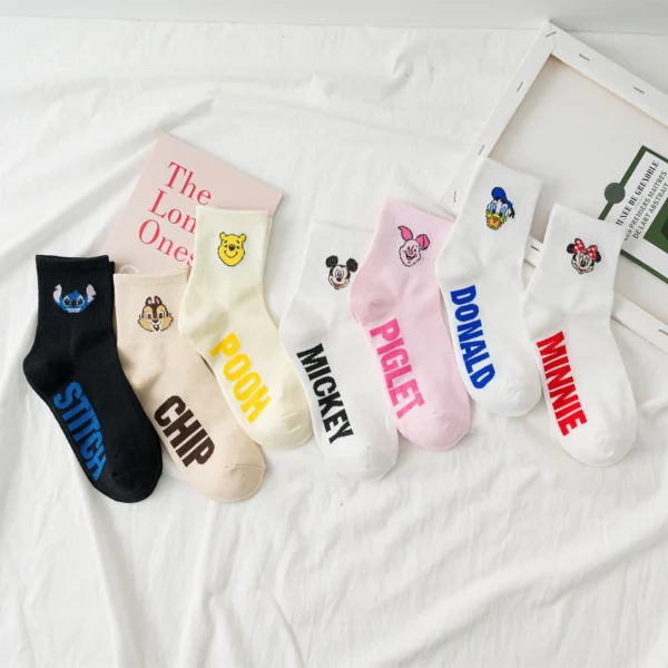 7 Pairs Cotton women socks Cartoon Mickey Winnie Minnie Daisy Donald Piglet Stitch white socks happy funny Kawaii girl socks - Image 1