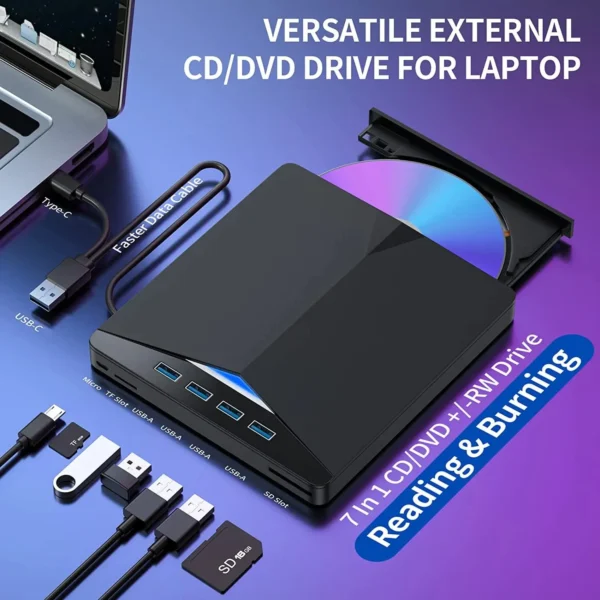 7-in-1 USB 3.0 Type-c external DVD RW optical drive burner reader player optical drive external PC laptop desktop - Image 1