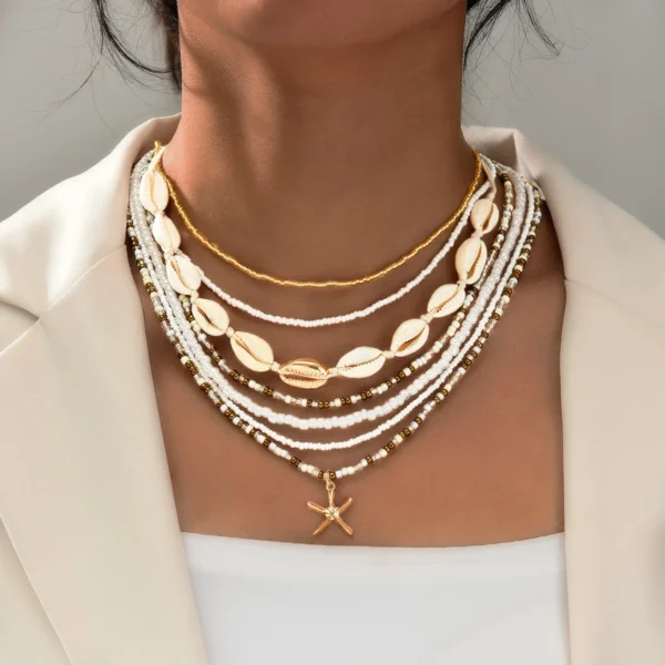 7Pcs/Set Boho Starfish Conch Rice Beads Pendant Necklace for Women Fashion White Color Multi layered Necklace Set Summer Jewelry - Image 1