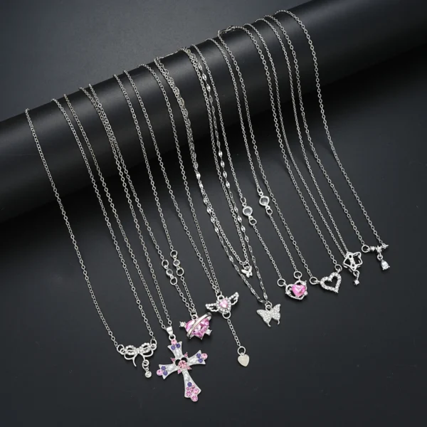 9 Pcs Women's Elegant Zircon Pendants Necklace Set Fashion Pink Color Cross Butterfly Heart Bowknot Necklaces Party Jewelry Gift 9 Pcs Women's Elegant Zircon Pendants Necklace Set Fashion Pink Color Cross Butterfly Heart Bowknot Necklaces Party Jewelry Gift - Image 1