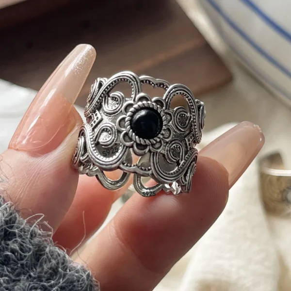 925 Sterling Silver Rings For Women Geometric Fine Jewelry Adjustable Simple Wide Black Stone Retro Ring For Party Birthday Gift 925 Sterling Silver Rings For Women Geometric Fine Jewelry Adjustable Simple Wide Black Stone Retro Ring For Party Birthday Gift - Image 1