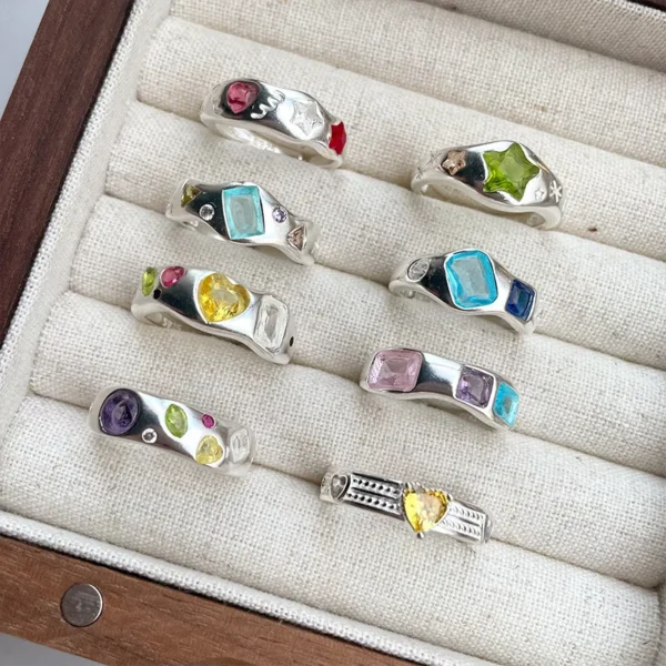 925 Sterling Silver Rings For Women Geometric Fine Jewelry Finger Adjustable Simple Colorful Stone Ring For Party Birthday Gift - Image 1