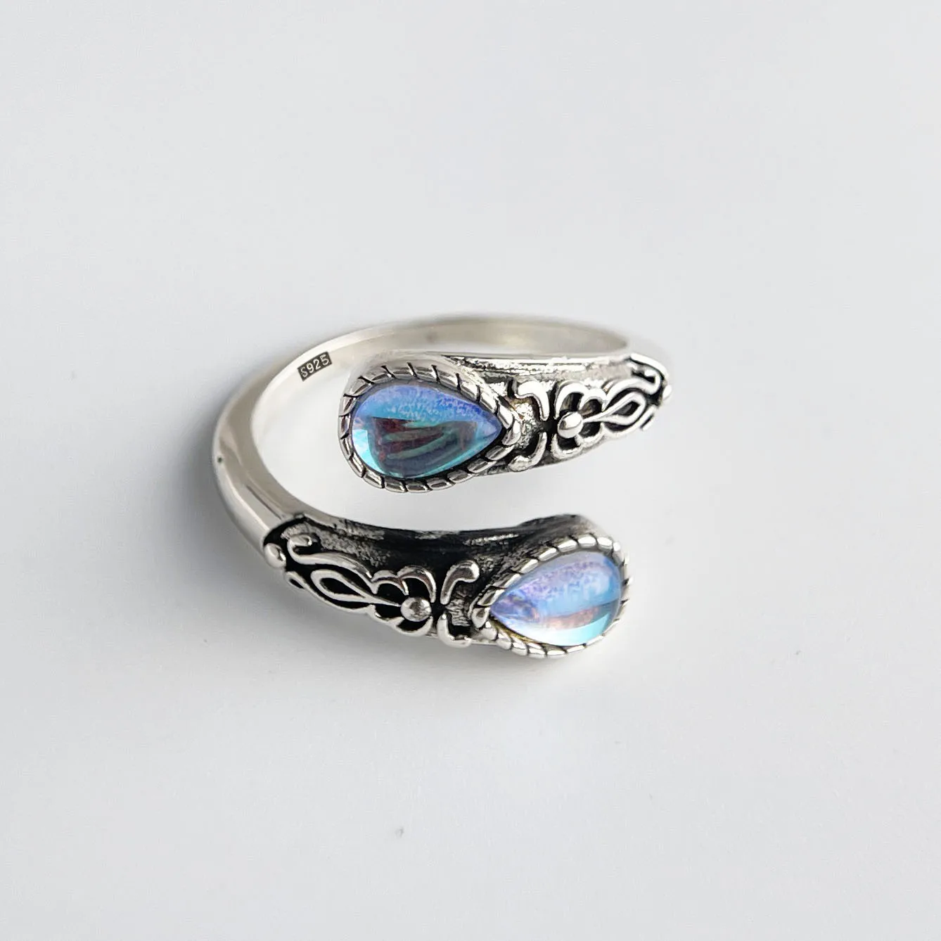 925 Sterling Silver Rings For Women Geometric Fine Jewelry Finger Adjustable Vintage BLue Stone Ring For Party Birthday Gift 925 Sterling Silver Rings For Women Geometric Fine Jewelry Finger Adjustable Vintage BLue Stone Ring For Party Birthday Gift - Image 1