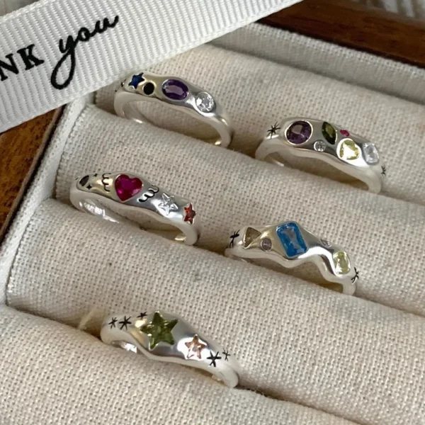 925 Sterling Silver Simple Colorful Heart Stone RingsFor Women Geometric Fashion Smiple Open Handmade Allergy Party Jewelry Gift 925 Sterling Silver Simple Colorful Heart Stone RingsFor Women Geometric Fashion Smiple Open Handmade Allergy Party Jewelry Gift - Image 1