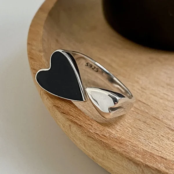 925 Sterling Silver Unique Ring For Women Jewelry Finger Adjustable Vintage Black Heart Ring For Party Birthday Gift 925 Sterling Silver Unique Ring For Women Jewelry Finger Adjustable Vintage Black Heart Ring For Party Birthday Gift - Image 1