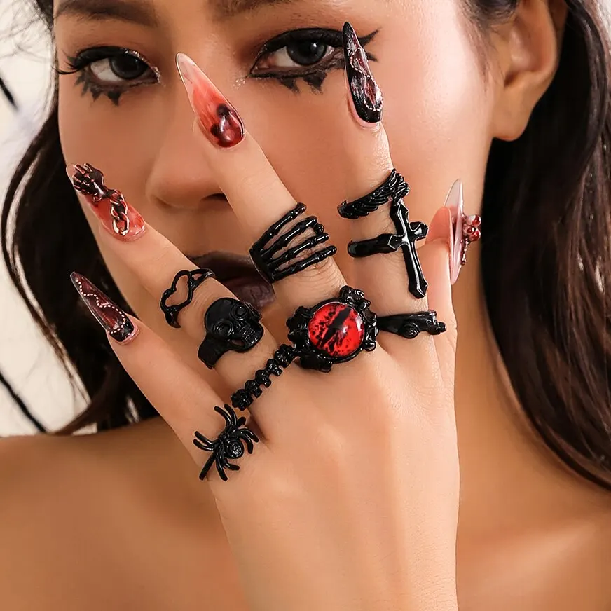 9Pcs/Set Goth Black Devil Eye Skull Spider Palm Rings for Women Vintage Cross Jesus Love Heart Rings Halloween Jewelry Gift New 9Pcs/Set Goth Black Devil Eye Skull Spider Palm Rings for Women Vintage Cross Jesus Love Heart Rings Halloween Jewelry Gift New - Image 1