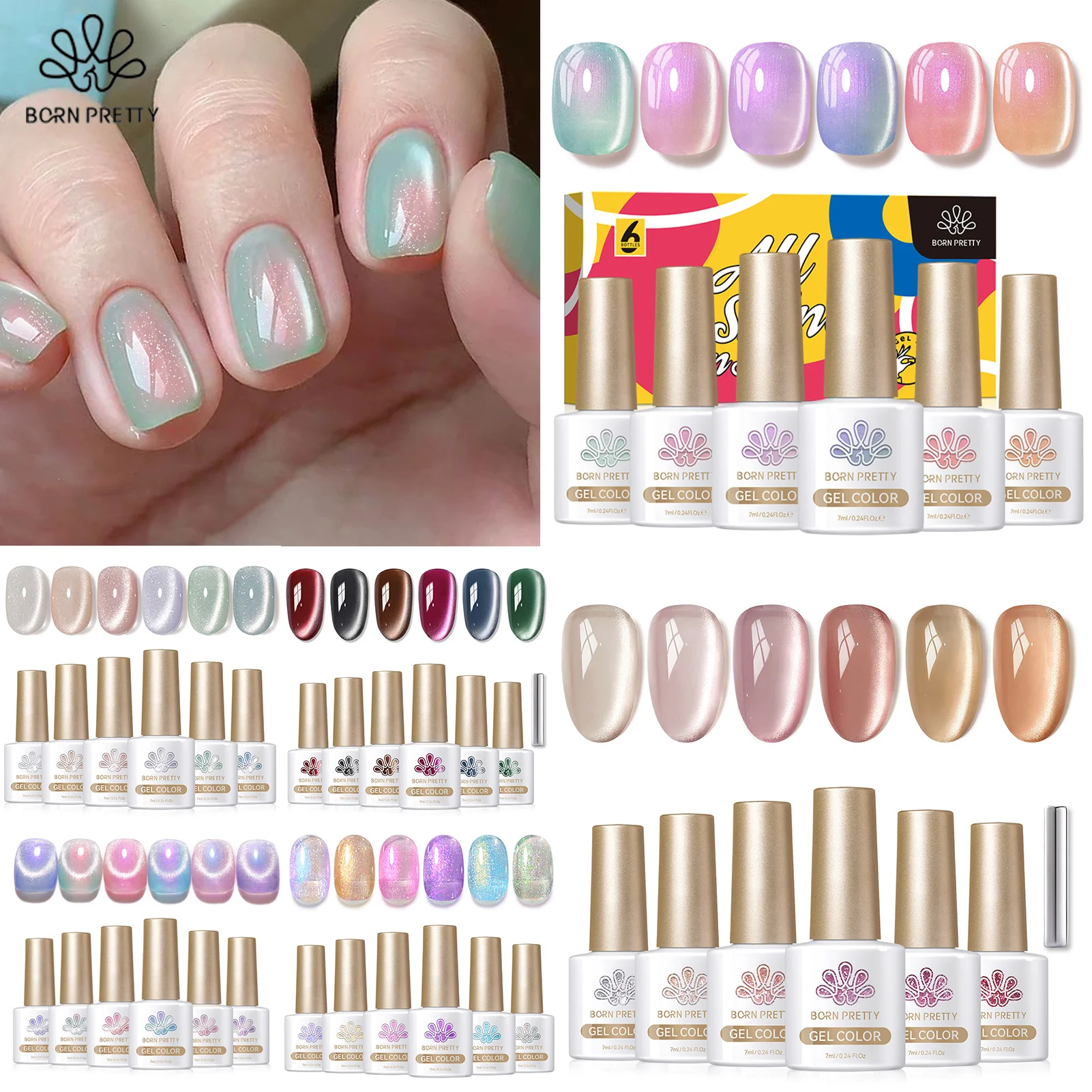 BORN PRETTY 6 Bottle 7ml Coral Sea Aurora Cat Magnetic Gel Iltra Shine Sparkling Glitter Shell Soak Off UV Gel Nail Art Varnish BORN PRETTY 6 Bottle 7ml Coral Sea Aurora Cat Magnetic Gel Iltra Shine Sparkling Glitter Shell Soak Off UV Gel Nail Art Varnish - Image 1