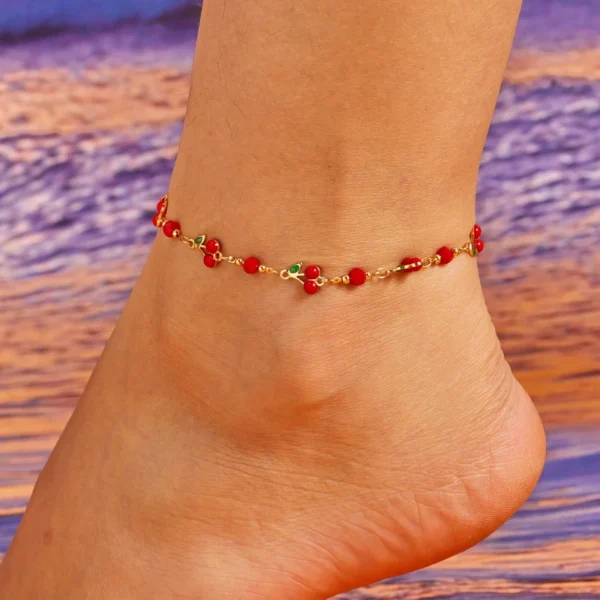 Charm Red Cherry Anklets for Women Vintage Boho Zircon Love Heart Flower Foot Leg Ankle Chain Girls Beach Party Jewelry Gifts - Image 1