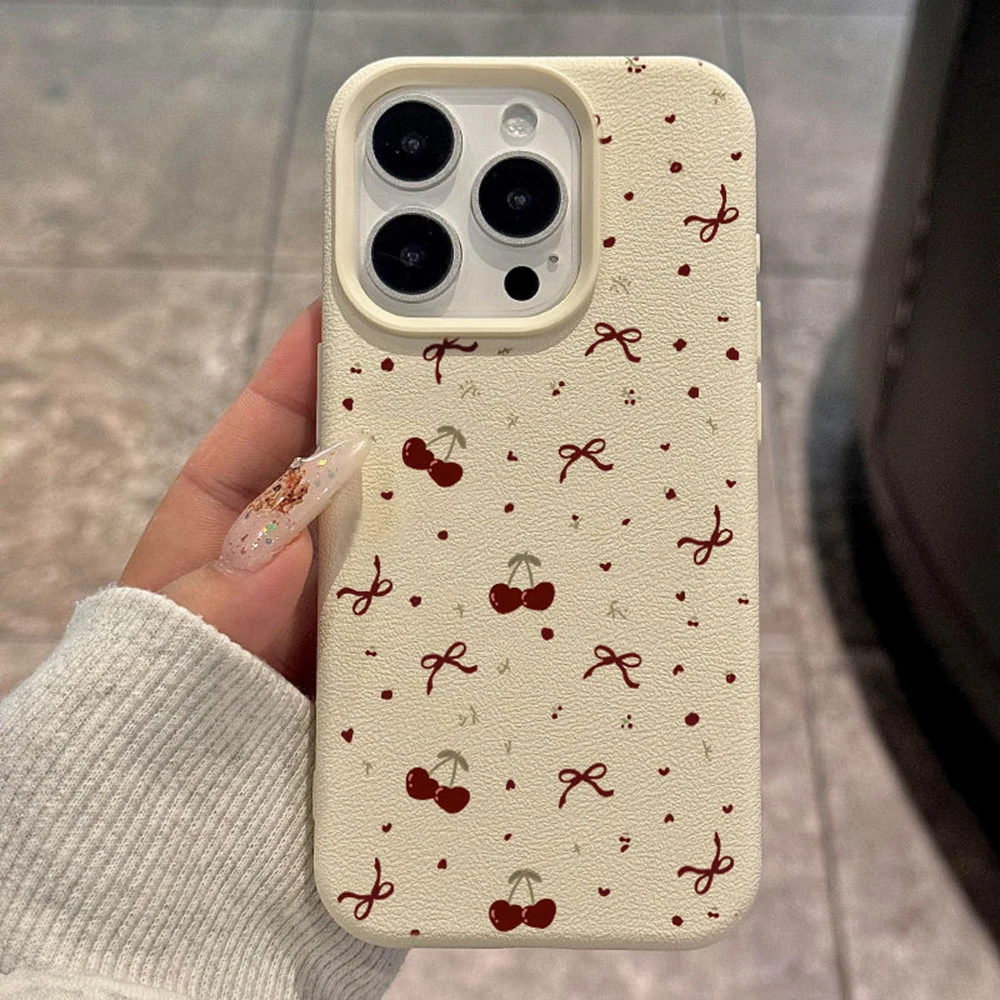 Cherry Phone Case For iPhone 16 Pro Max Case iPhone 14 13 15 11 12 17 Pro Max Plus Shockproof Soft Leather Cute Heart Bow Cover Cherry Phone Case For iPhone 16 Pro Max Case iPhone 14 13 15 11 12 17 Pro Max Plus Shockproof Soft Leather Cute Heart Bow Cover - Image 1