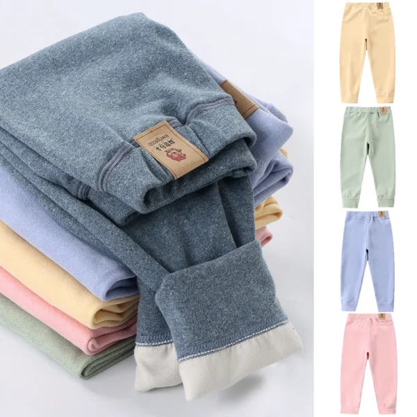 Children Fleece-lined Pants Warm and Cozy Elastic Bottoms Teenager Boys and Girls Clothes, Suitable for Autumn and Winter - Image 1