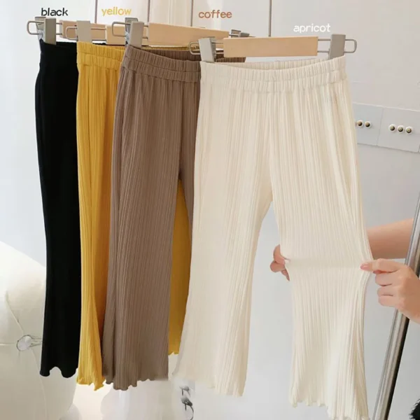 Children Summer Solid Color Thin Ribbed Knit Flared Pants Girls Casual Trousers Korea Fashion Pants Girl Princess Style Capris - Image 1