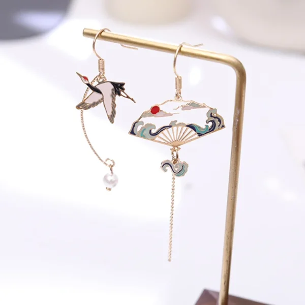 Chinese Style Folding Fan Modeling Crane Cloud Hanging Dangle Earrings for Women Hollow Asymmetric Drop Earring National Jewelry Chinese Style Folding Fan Modeling Crane Cloud Hanging Dangle Earrings for Women Hollow Asymmetric Drop Earring National Jewelry - Image 1