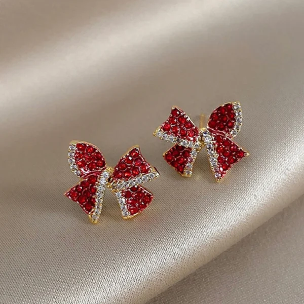 Christmas Red Zircon Crystal Bow Stud Earrings For Women Heart Shape Bowknot Christmas Earring Girl New Year Festival Jewelry - Image 1