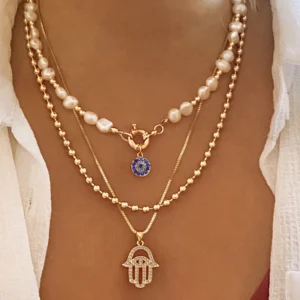 Classic Pendant Necklace for Women Micro Zircon Turkish Lucky Evil Eyes Palm Cross Pearl Multilayer Metal Chain Choker Jewelry