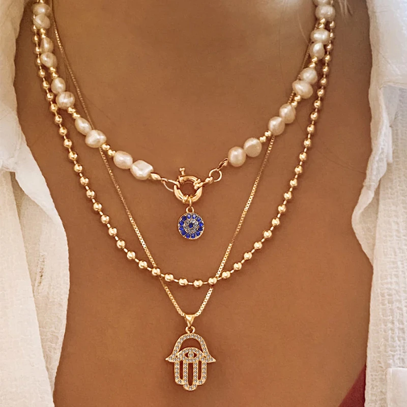 Classic Pendant Necklace for Women Micro Zircon Turkish Lucky Evil Eyes Palm Cross Pearl Multilayer Metal Chain Choker Jewelry Classic Pendant Necklace for Women Micro Zircon Turkish Lucky Evil Eyes Palm Cross Pearl Multilayer Metal Chain Choker Jewelry - Image 1