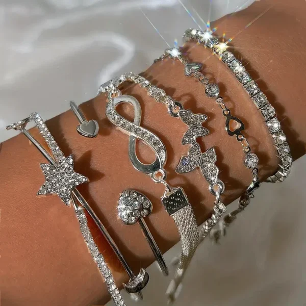 Elegant Sparkling Rhinestone Bracelets Set for Women Butterfly Heart Infinity Star Designs Open Bracelet Daily Wear Jewelry Gift - Image 1