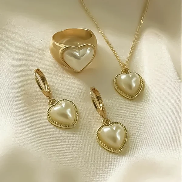 Fashion 3-piece Set Pearl Jewelry Set for Women Korean Heart Ring Pendant Necklace Hoop Earrings Set Trendy Elegant Wedding Gift Fashion 3-piece Set Pearl Jewelry Set for Women Korean Heart Ring Pendant Necklace Hoop Earrings Set Trendy Elegant Wedding Gift - Image 1