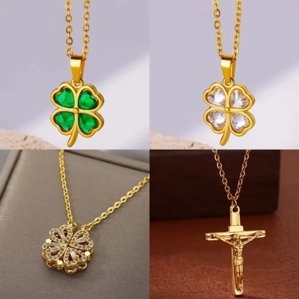 Four Leaf Clover Stainless Steel Necklaces For Women Green Zircon Gold Color Quality Jewelry Pendant Necklace Gift Free Shipping - Image 1