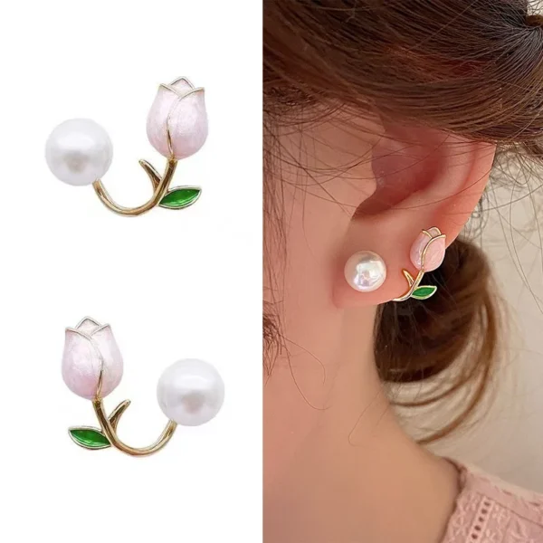 French Light Luxury Pink Tulip Flower Pearl Stud Earrings For Women Korean Zircon Exquisite Earring Party Christmas Jewelry Gift - Image 1