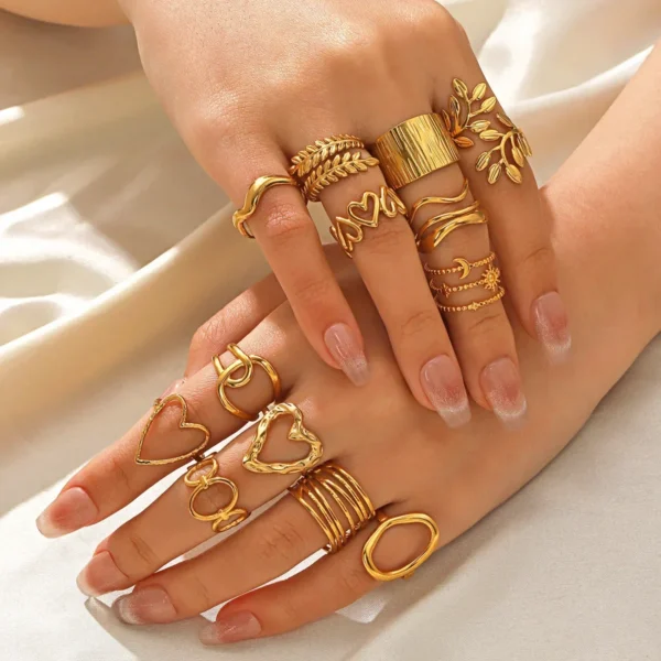 Gold Color Stainless Steel Heart Rings for Women Girl Leaf Finger Hollow Open Ring Waterproof Fashion Jewelry Accessories Gift - Image 1