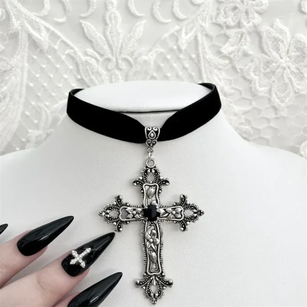 Goth Limited Black Velvet Cross Bead Choker Necklace Jewelry Gorgeous Women Punk Gift Statement New Gothic Halloween Grunge - Image 1