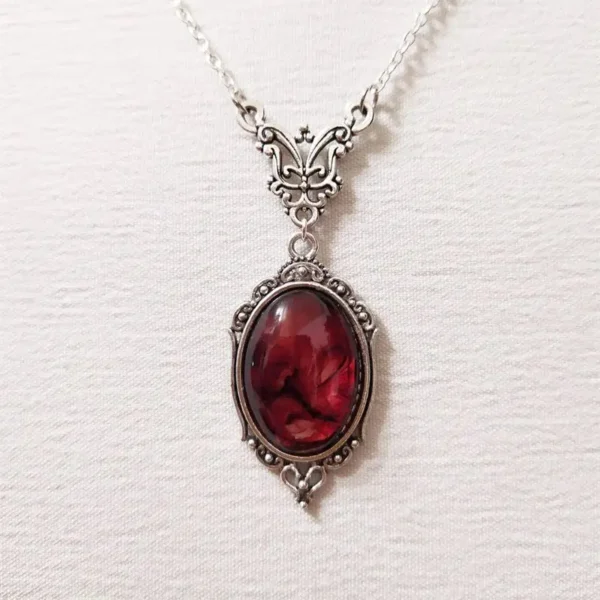 Gothic Blood Red Quartz Charm Necklace Oval Pendant Necklace For Women Halloween Vampire Embossed Witch Jewelry Vintage Chokers - Image 1