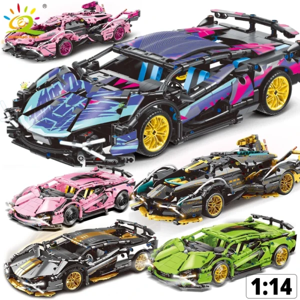 HUIQIBAO 1:14 Racing Car Technical Model Building Blocks MOC Led line Bricks Display box Children City Construction Toy Boy Game - Image 1