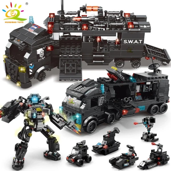 HUIQIBAO 454-585PCS 8in1 SWAT Police Command Truck Building Blocks City Helicopter Bricks Kit Educational Toys for Children HUIQIBAO 454-585PCS 8in1 SWAT Police Command Truck Building Blocks City Helicopter Bricks Kit Educational Toys for Children - Image 1