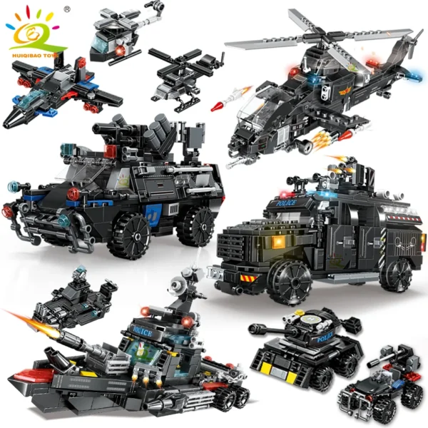 HUIQIBAO 4in1 Swat Police Series Building Blocks with Policeman Bricks Truck Ship Car City Construction Toys for Children HUIQIBAO 4in1 Swat Police Series Building Blocks with Policeman Bricks Truck Ship Car City Construction Toys for Children - Image 1