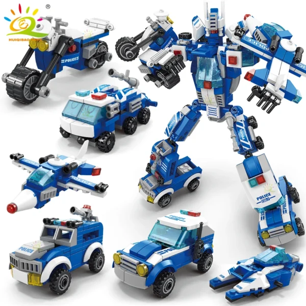HUIQIBAO 533pcs 6in1 Police Truck Building Blocks City Construction Helicopter Car robot Bricks Set For Children Toys Kids Gift - Image 1