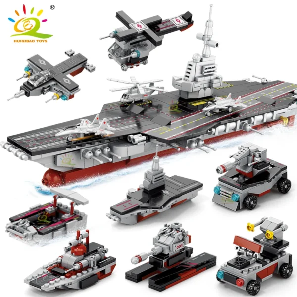 HUIQIBAO 562pcs 8in1 Military Ship Aircraft Cruiser Building Blocks Army Weapon Warship Truck Bricks City Toy for Children Gift - Image 1