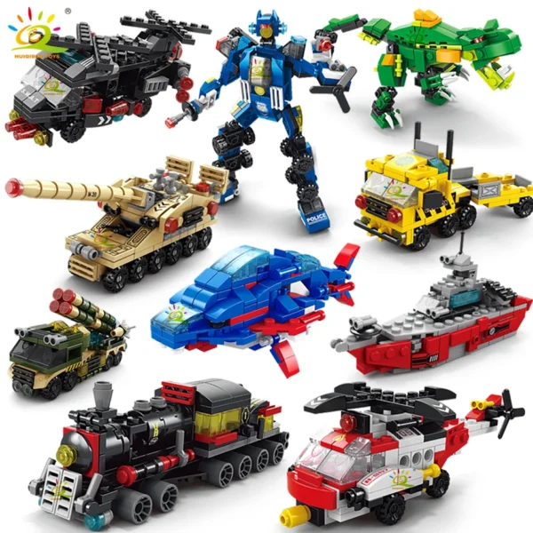 HUIQIBAO 6IN1 City Engineering Car Police Truck Building Blocks Tank Helicopter Bricks Fire Fighting Set Toys for Children HUIQIBAO 6IN1 City Engineering Car Police Truck Building Blocks Tank Helicopter Bricks Fire Fighting Set Toys for Children - Image 1