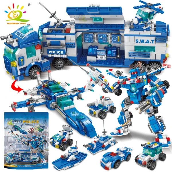 HUIQIBAO 700PCS 8in1 City Police Command Trucks Building Blocks Policeman Robot Car Helicopter Model Bricks Toys for Children - Image 1