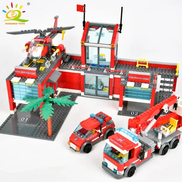 HUIQIBAO 756pcs Fire Station Model Building Blocks Truck Helicopter Firefighter Bricks City Educational Toys For Children Gift - Image 1