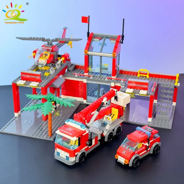 HUIQIBAO 756pcs Fire Station with Helicopter Model Building Blocks Fire Truck Firefighter Bricks City DIY Toys For Children Gift - Image 1