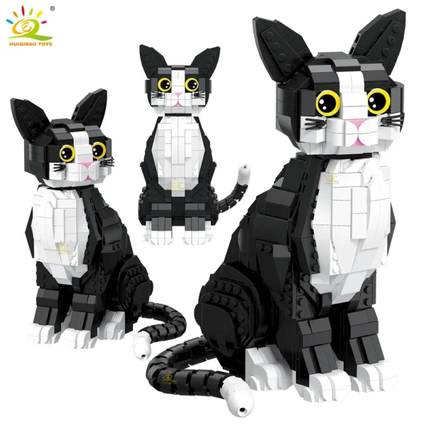 HUIQIBAO Black and White Tabby Cat Model Building Block MOC Pet Animal Series Mini 12mm Brick Toy For Children Home Decoration - Image 1